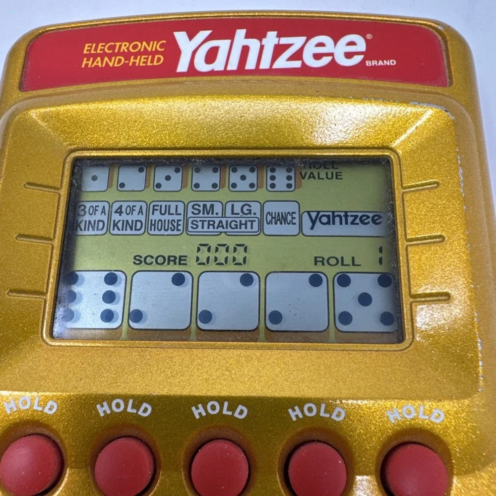 Vintage Yahtzee Electronic Handheld Game Gold & Red Hasbro 2002 Tested & Working